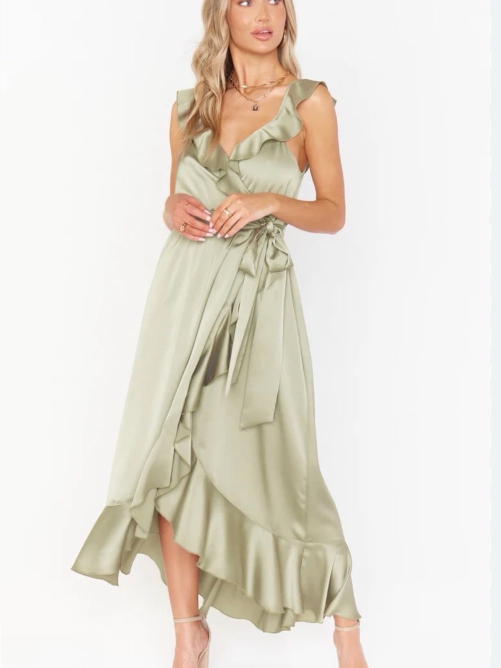 Show Me Your MuMu Sage Satin Ruffle Wrap Maxi Dress